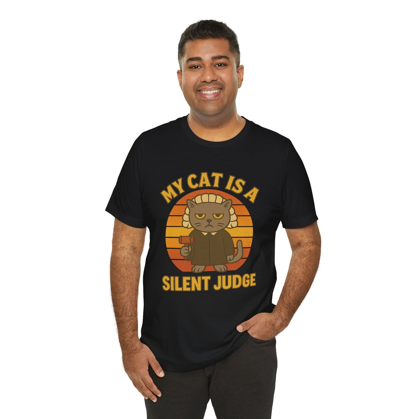 My Cat is a Silent Judge - Retro Whiskers - Dark Unisex Jersey Short Sleeve Tee