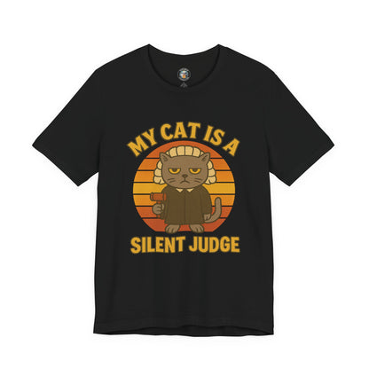 My Cat is a Silent Judge - Retro Whiskers - Dark Unisex Jersey Short Sleeve Tee