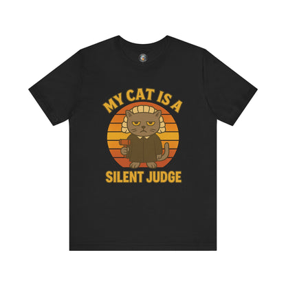 My Cat is a Silent Judge - Retro Whiskers - Dark Unisex Jersey Short Sleeve Tee