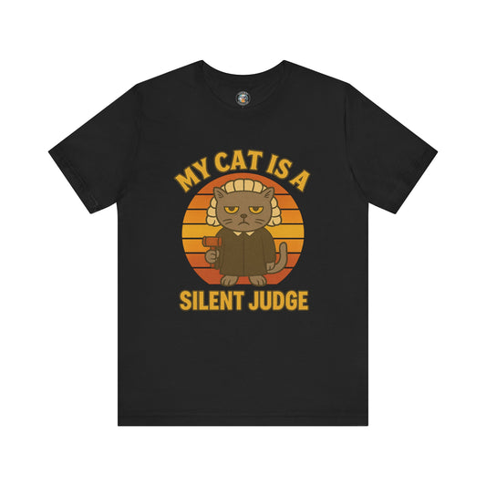 My Cat is a Silent Judge - Retro Whiskers - Dark Unisex Jersey Short Sleeve Tee