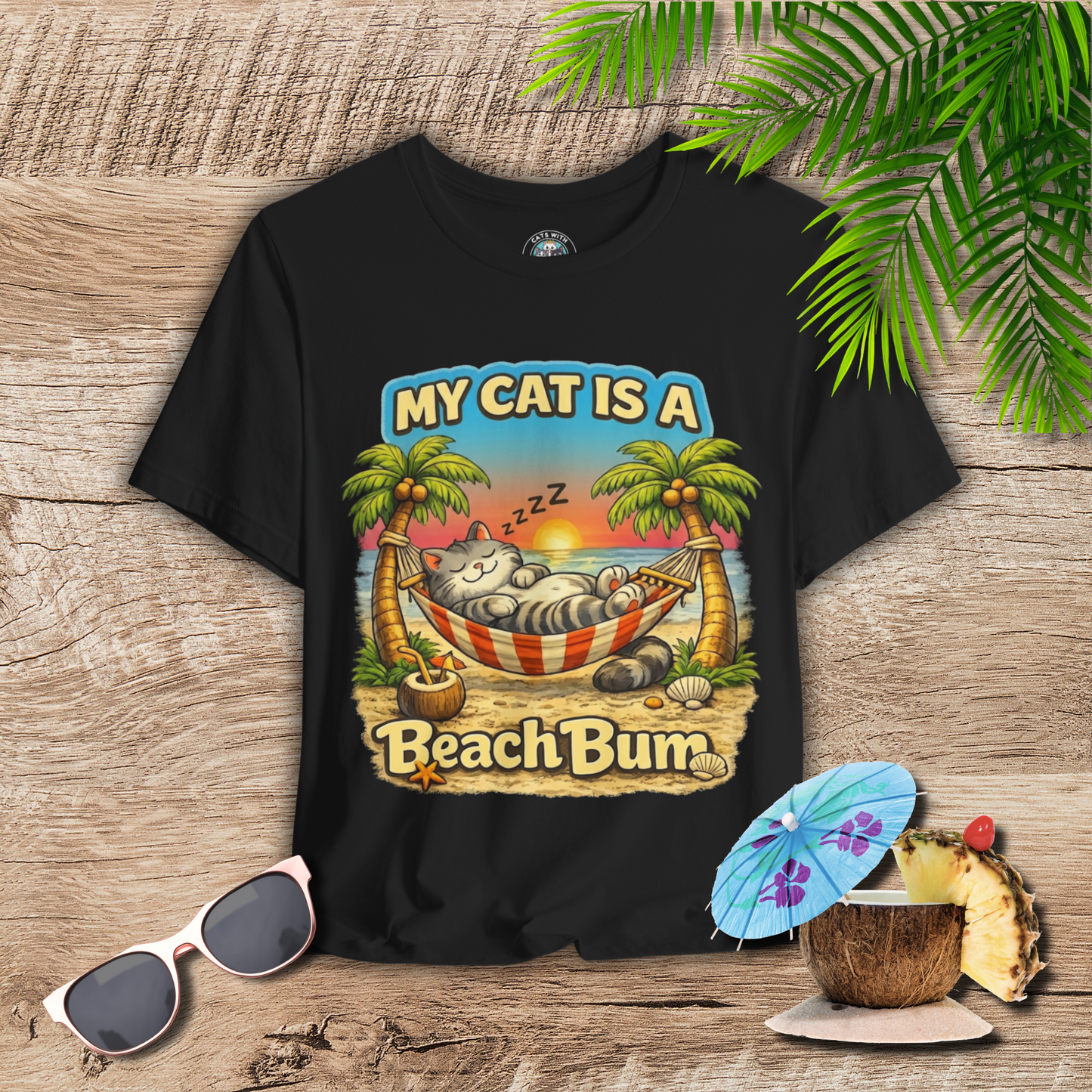 My Cat Is A Beach Bum Dark T-Shirt | Funny Cat Lover Summer T-Shirt