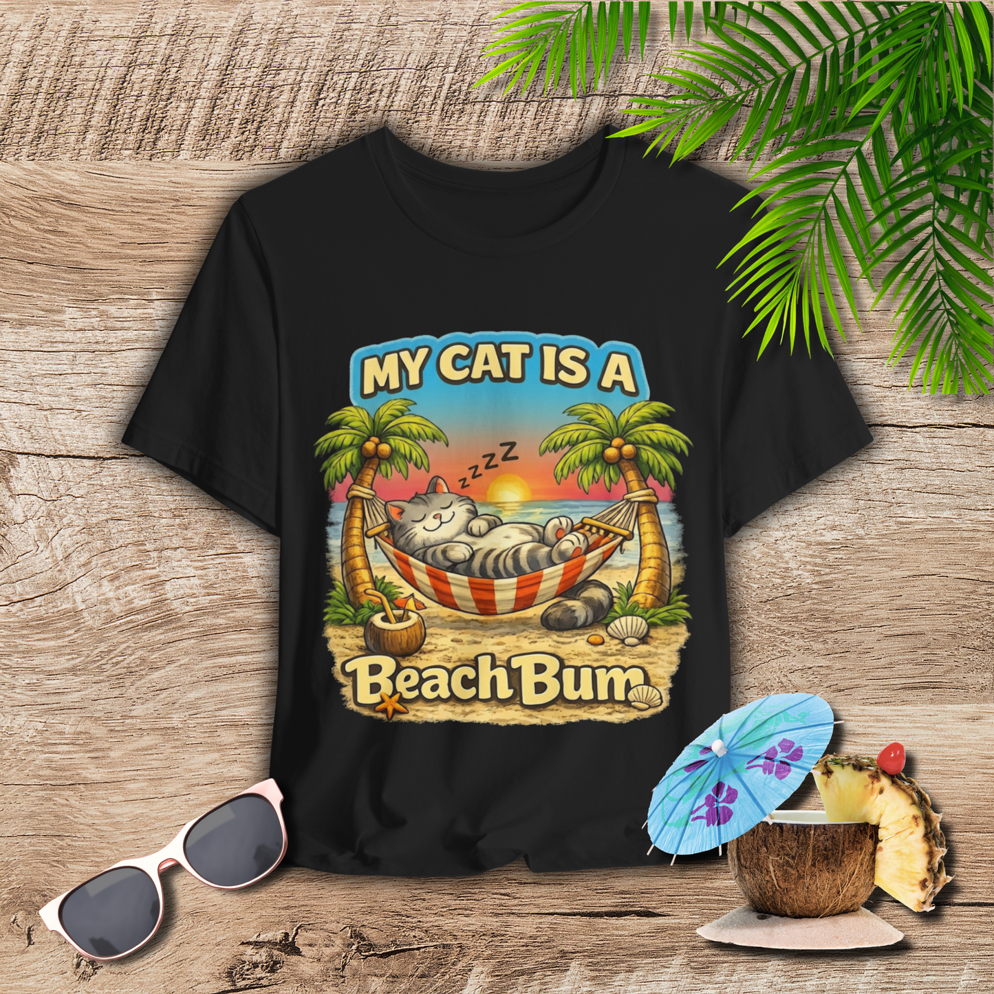 My Cat Is A Beach Bum Dark T-Shirt | Funny Cat Lover Summer T-Shirt
