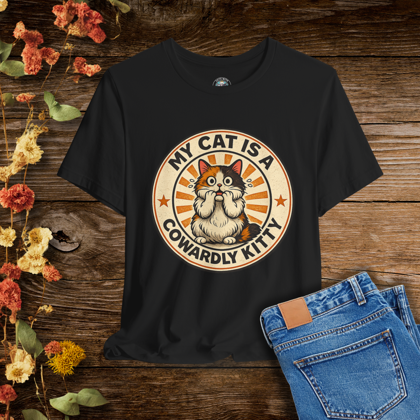 My Cat is a Cowardly Kitty - Retro Whiskers - Dark T-shirt | Cats With Character