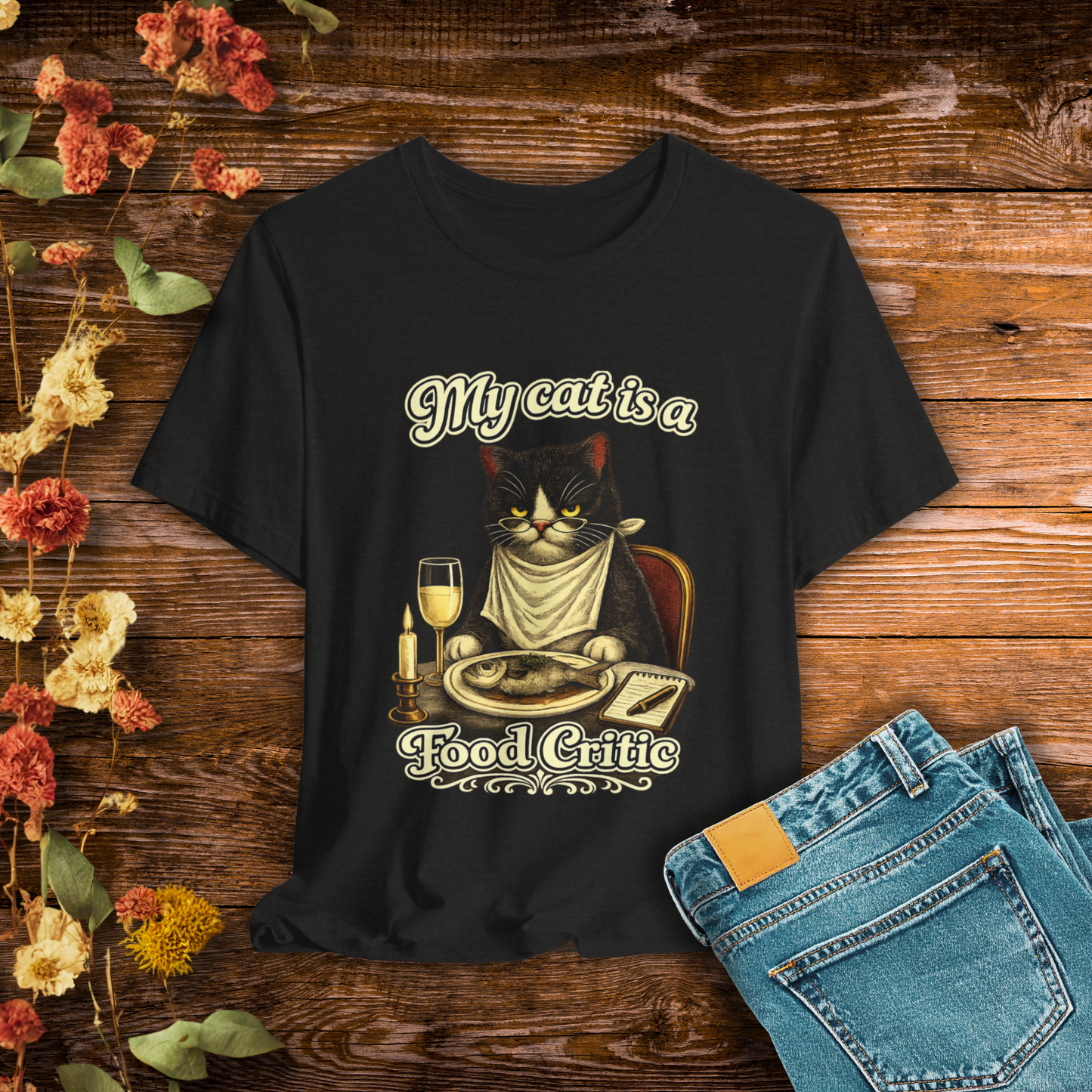 My Cat Is a Food Critic – Retro Whiskers -Dark Cat T-Shirt | Cats with Character