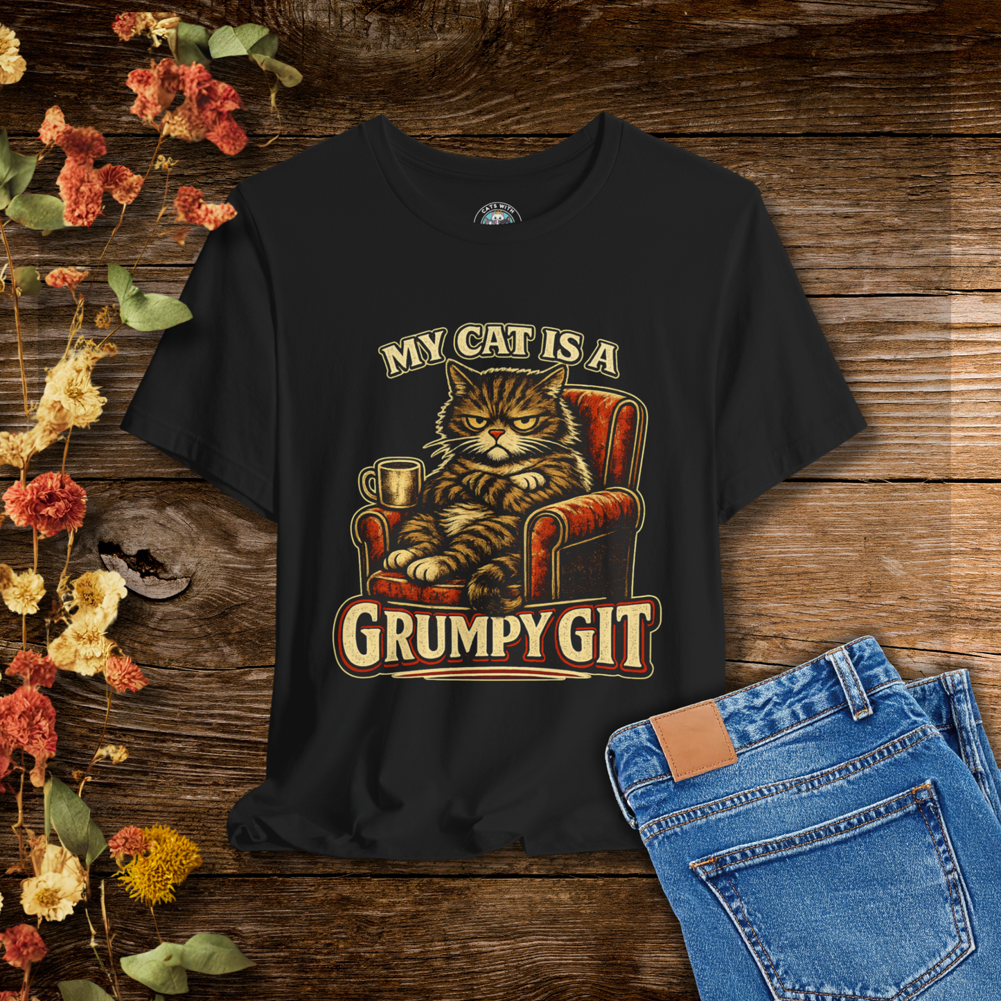 My Cat Is A Grumpy Git – Retro Whiskers Dark Cat T-Shirt | Cats With Character