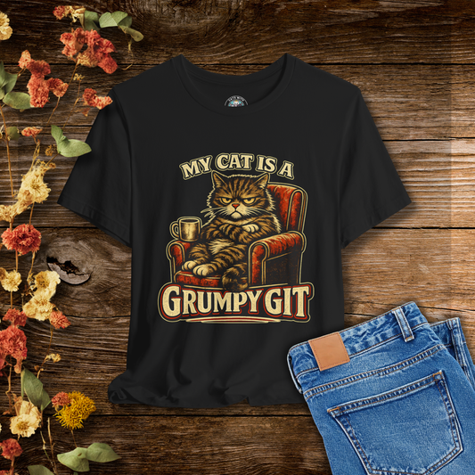 My Cat Is A Grumpy Git – Retro Whiskers Dark Cat T-Shirt | Cats With Character