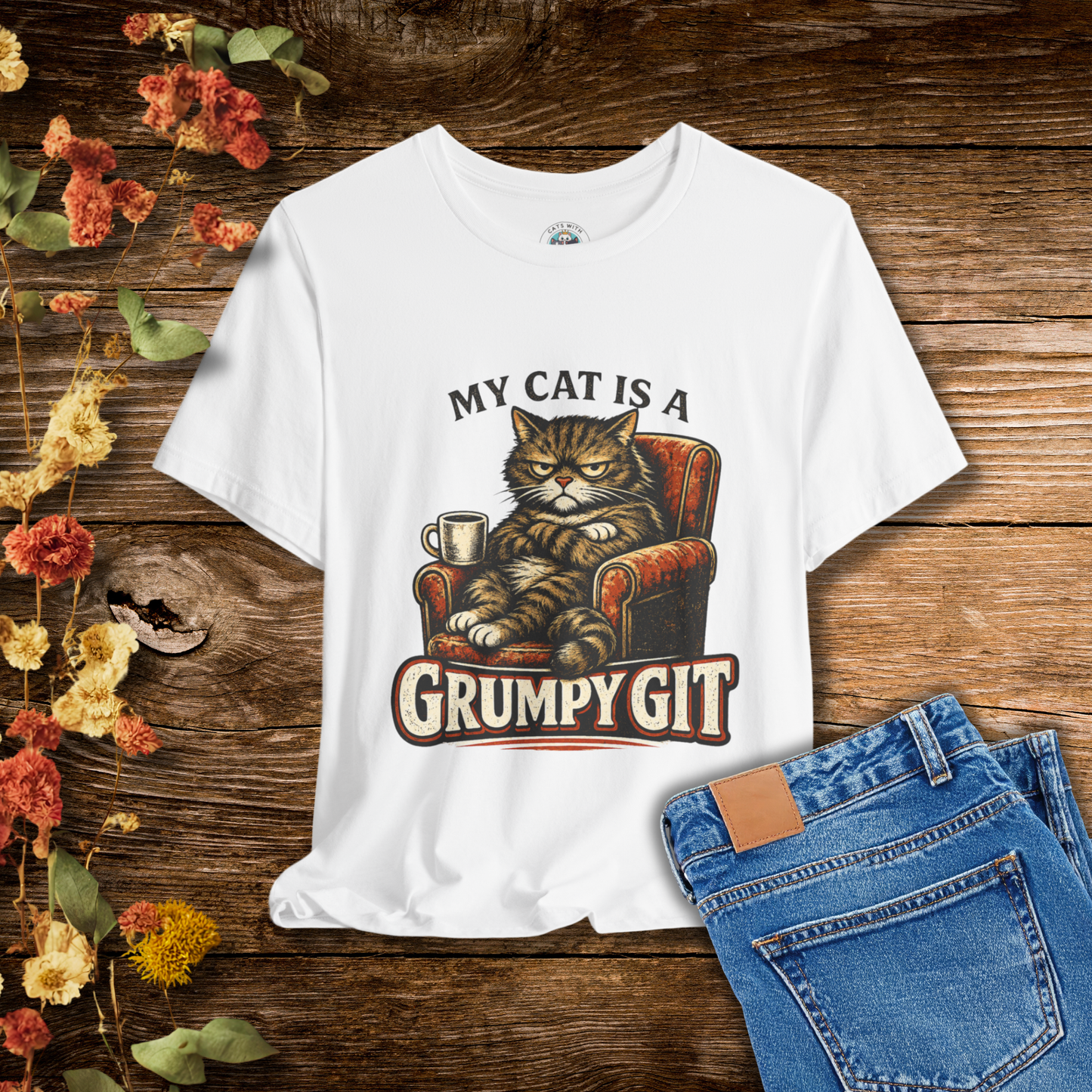 My Cat Is A Grumpy Git – Retro Whiskers Cat T-Shirt | Cats With Character